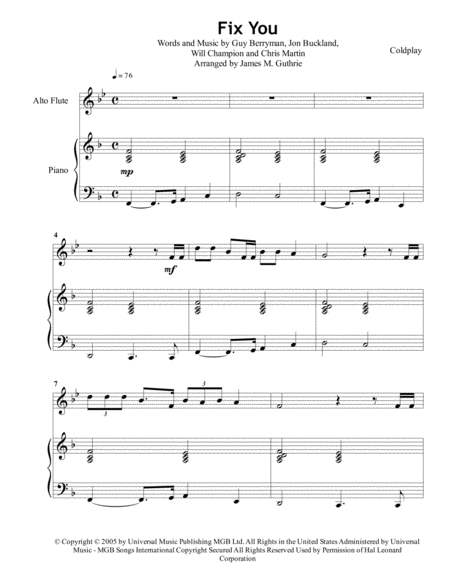 Coldplay Fix You For Alto Sax Piano Sheet Music