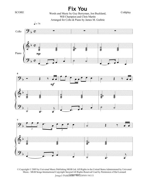 Coldplay Fix You For Cello Piano Sheet Music