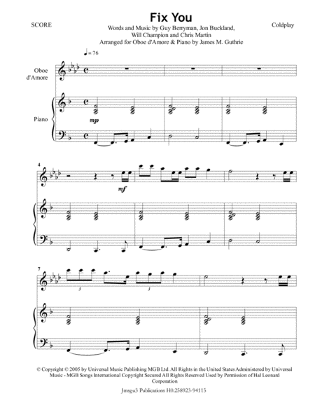 Coldplay Fix You For Oboe D Amore Piano Sheet Music