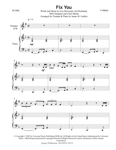 Coldplay Fix You For Trumpet Piano Sheet Music