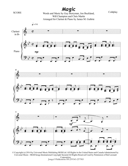 Free Sheet Music Coldplay Magic For Clarinet Piano