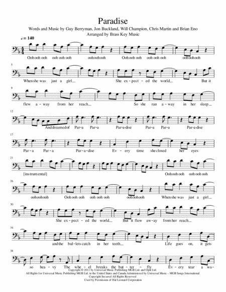 Free Sheet Music Coldplay Paradise Trombone