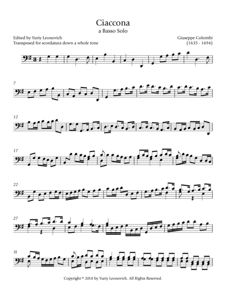 Colombi Ciaccona For Cello Solo Urtext With Optional Scordatura Sheet Music