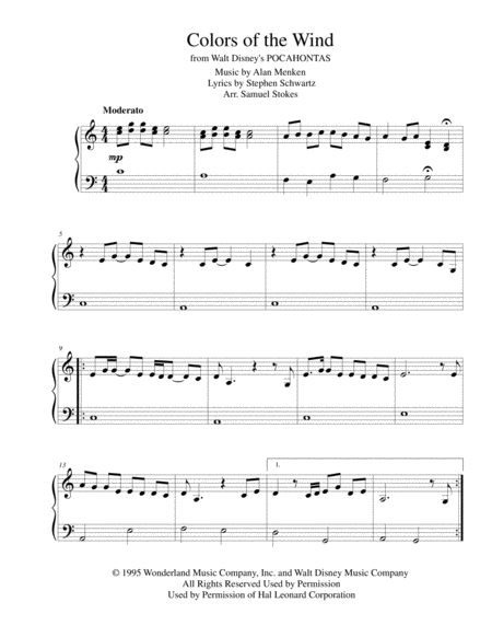 Colors Of The Wind From Walt Disneys Pocahontas For Early Intermediate Piano Sheet Music