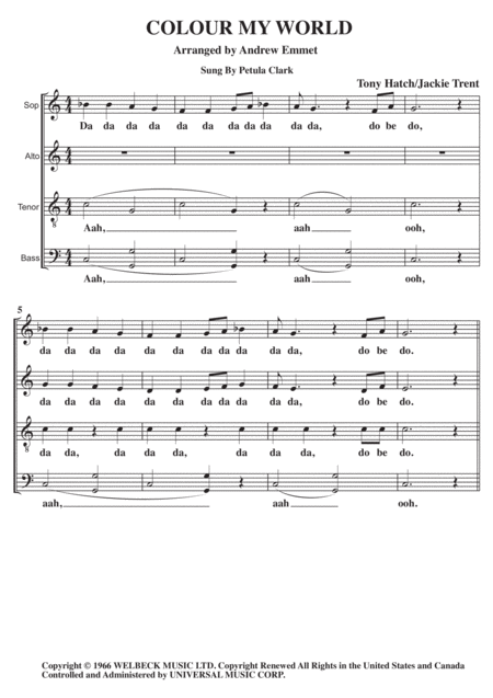 Free Sheet Music Colour My World A Cappella