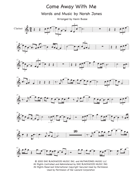 Free Sheet Music Come Away With Me Easy Key Of C Clarinet