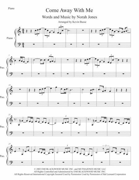 Come Away With Me Original Key Piano Sheet Music