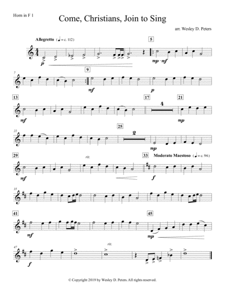 Come Christians Join To Sing Horn Quartet Sheet Music