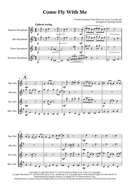 Come Fly With Me By Frank Sinatra Saxophone Quartet Satb Sheet Music