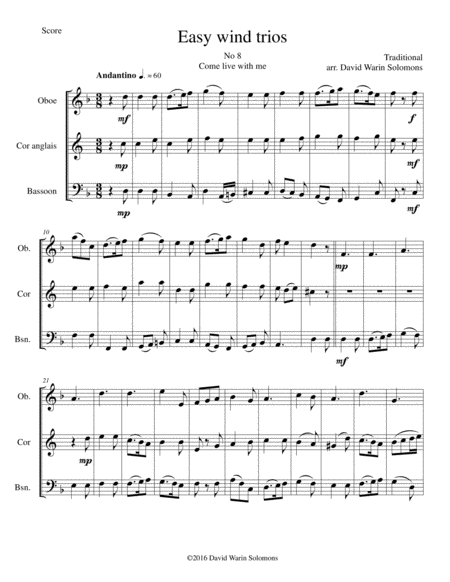 Come Live With Me For Double Reed Trio Oboe Cor Anglais Bassoon Sheet Music