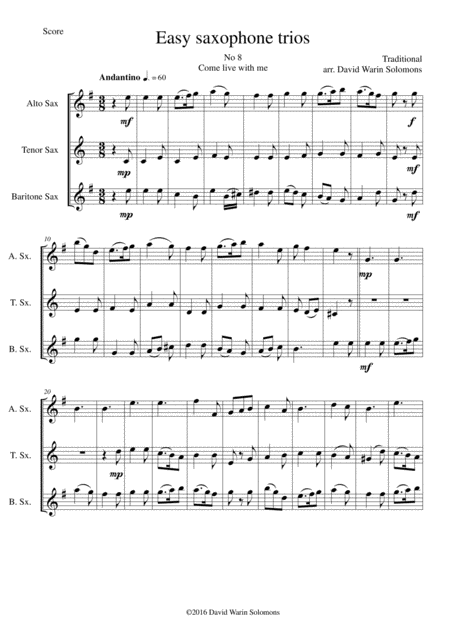 Free Sheet Music Come Live With Me For Saxophone Trio