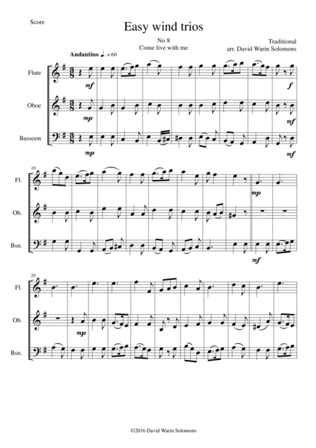 Free Sheet Music Come Live With Me For Wind Trio Flute Oboe Bassoon