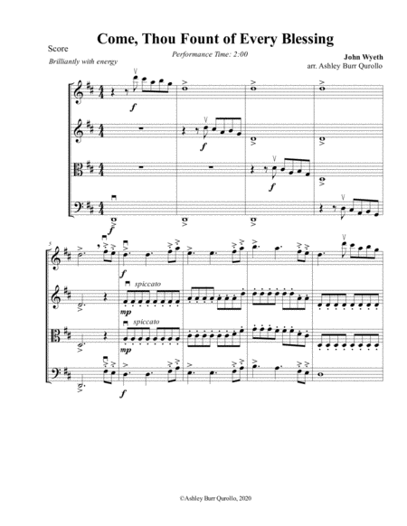 Free Sheet Music Come Thou Fount Of Every Blessing Intermediate String Quartet