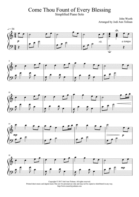 Come Thou Fount Of Every Blessing Simplified Piano Solo Sheet Music