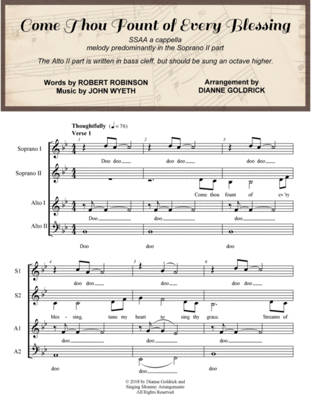 Free Sheet Music Come Thou Fount Of Every Blessing Ssaa A Cappella