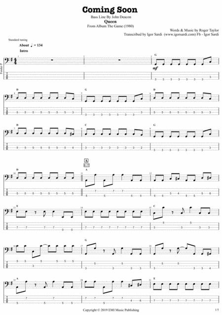 Coming Soon Queen John Deacon Complete And Accurate Bass Transcription Whit Tab Sheet Music