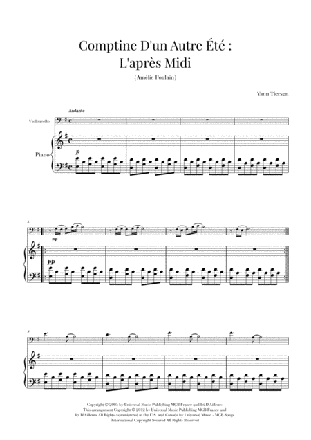 Comptine D Un Autret L Aprs Midi Yann Tiersen Cello And Piano Sheet Music
