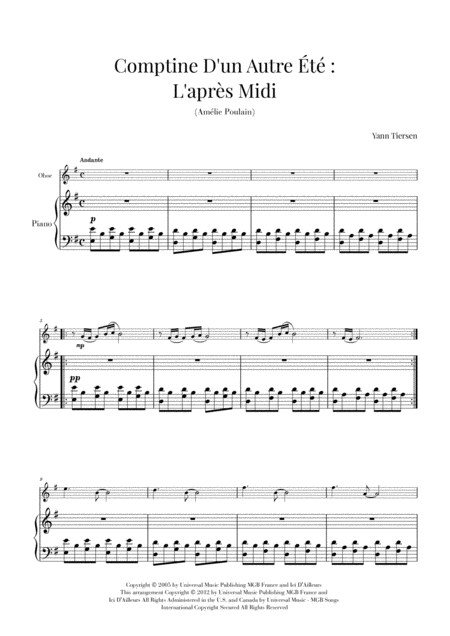 Comptine D Un Autret L Aprs Midi Yann Tiersen Oboe And Piano Sheet Music