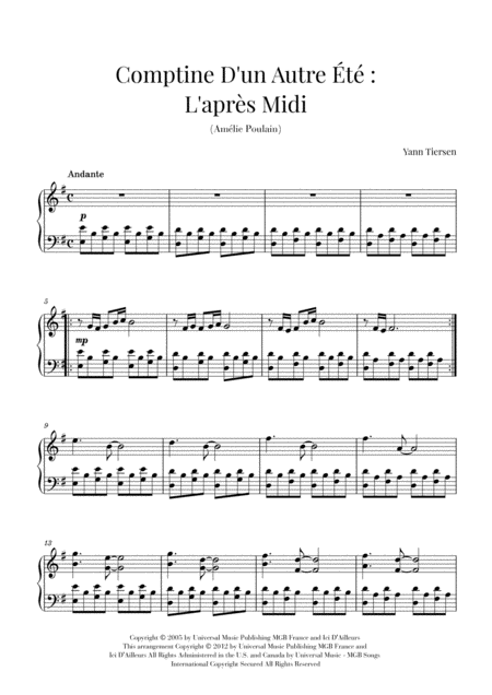 Comptine D Un Autret L Aprs Midi Yann Tiersen Original Version Sheet Music