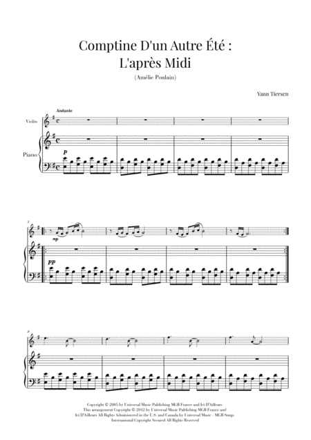 Comptine D Un Autret L Aprs Midi Yann Tiersen Violin And Piano Sheet Music