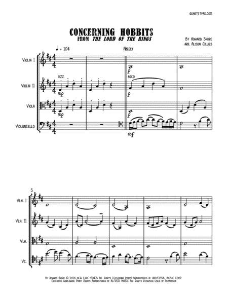 Free Sheet Music Concerning Hobbits From The Lord Of The Rings String Quartet