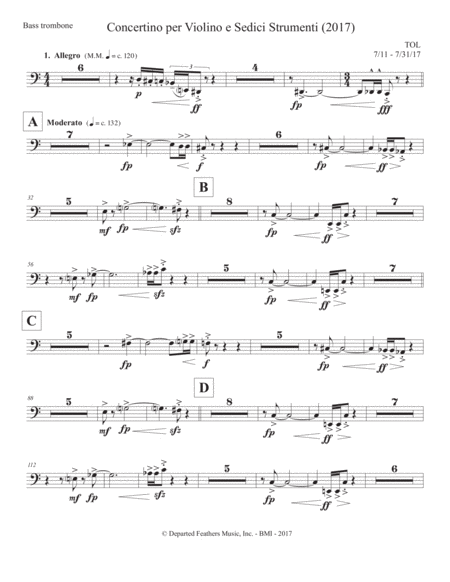 Concertino Per Violino E Sedici Strumenti 2017 Bass Trombone Part Sheet Music