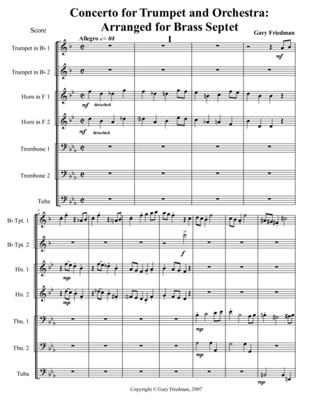 Concerto For Trumpet And Orchestra Arranged For Brass Septet And Brass Dectet Sheet Music