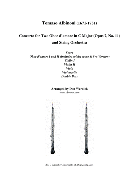 Concerto For Two Oboe D Amore In C Major Op 7 No 11 And String Orchestra Sheet Music