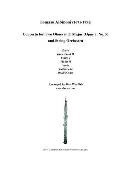 Concerto For Two Oboes In C Major Op 7 No 5 And String Orchestra Sheet Music