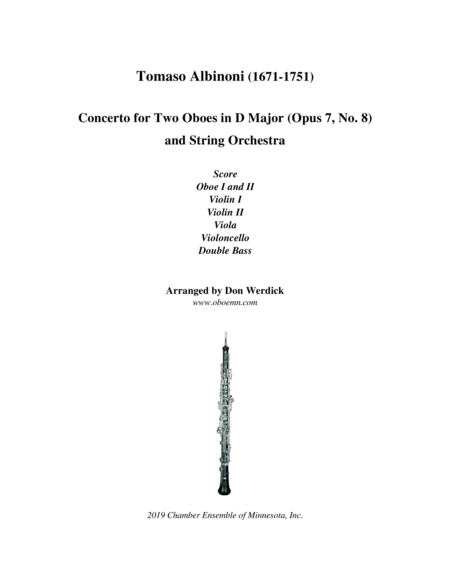 Concerto For Two Oboes In D Major Op 7 No 8 And String Orchestra Sheet Music