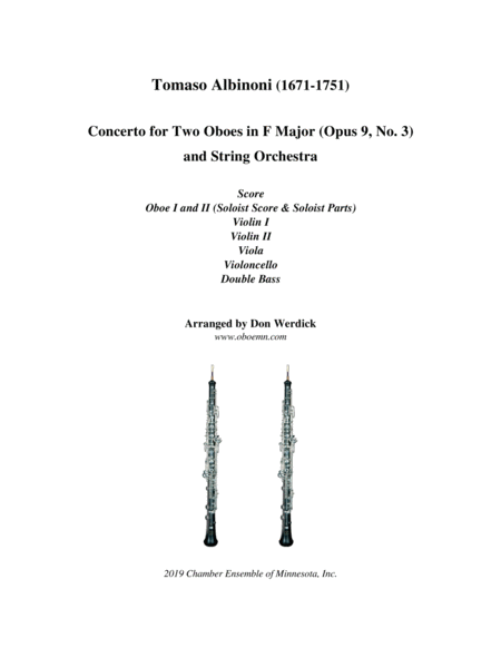 Concerto For Two Oboes In F Major Op 9 No 3 And String Orchestra Sheet Music