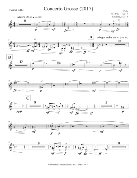 Concerto Grosso 2017 For Chamber Orchestra Clarinet In Bb 1 Sheet Music