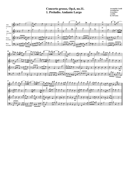 Free Sheet Music Concerto Grosso Op 6 No 11 Arrangement For 4 Recorders