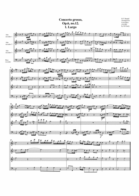 Concerto Grosso Op 6 No 12 Arrangement For 4 Recorders Sheet Music