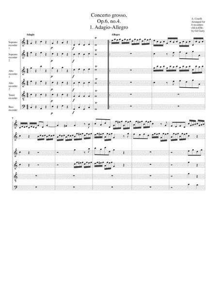 Free Sheet Music Concerto Grosso Op 6 No 4 Arrangement For 6 Recorders