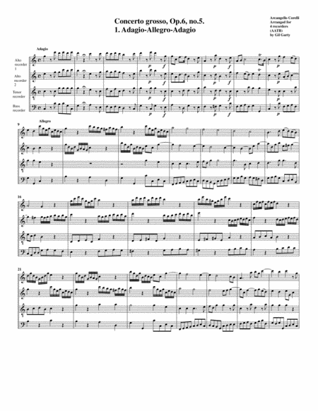 Concerto Grosso Op 6 No 5 Arrangement For 4 Recorders Sheet Music