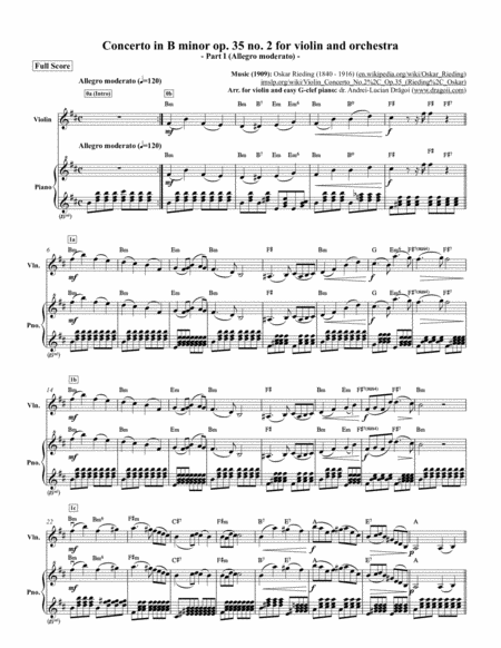 Concerto In B Minor Op 35 No 2 For Violin And Orchestra Part I Allegro Moderato By Oskar Rieding Arr For Violin And Or Easy G Clef Piano With Chords Sheet Music