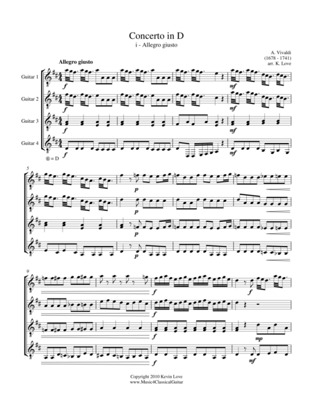 Concerto In D I Allegro Giusto Guitar Quartet Score And Parts Sheet Music