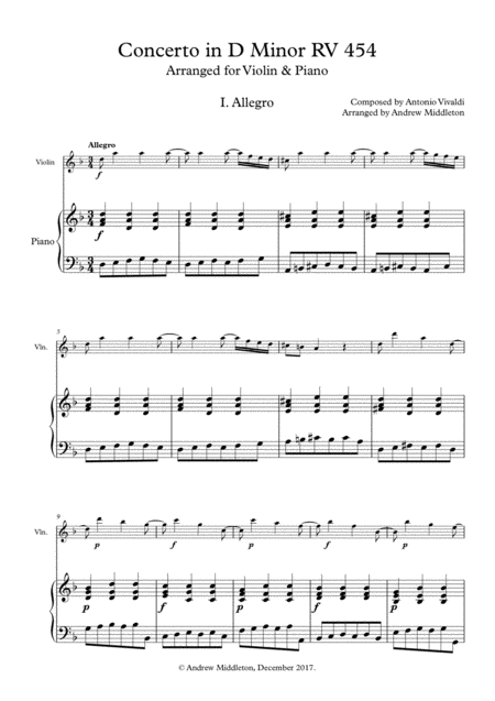 Concerto In D Minor Rv 454 For Violin And Piano Sheet Music