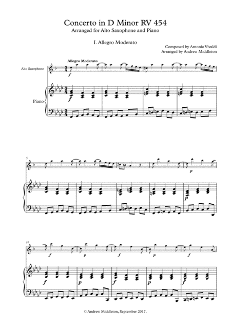 Concerto In D Minor Rv454 For Alto Saxophone And Piano Sheet Music