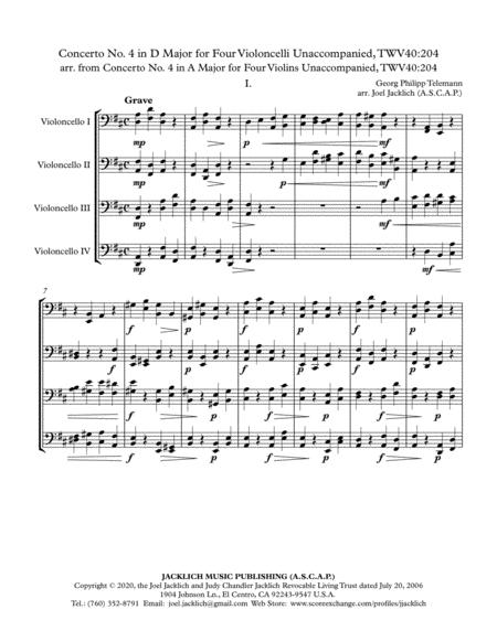 Concerto No 4 In D Major For Four Celli Unaccompanied Twv40 204 Sheet Music