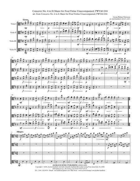 Concerto No 4 In D Major For Four Violas Unaccompanied Twv40 204 Sheet Music