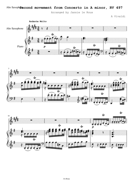 Concerto Rv 497 Second Movement Arranged For Alto Saxophone Sheet Music