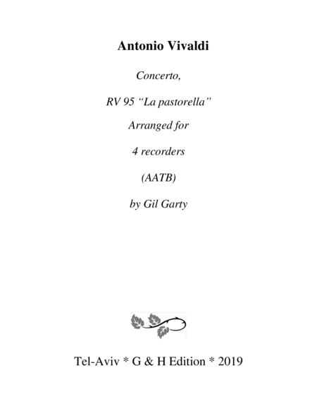 Concerto Rv 95 La Pastorella Arrangement For 4 Recorders Sheet Music