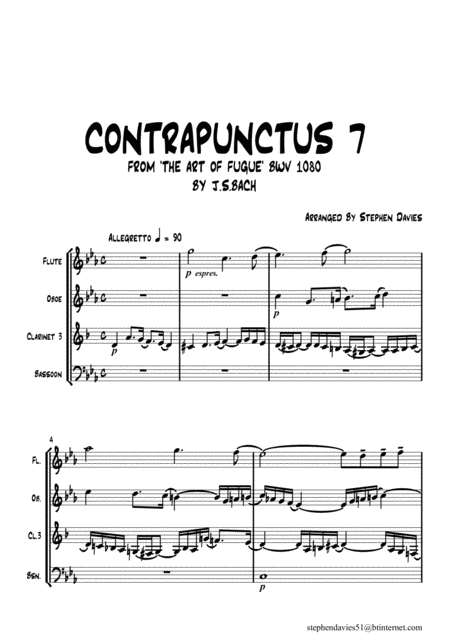 Contrapunctus 10 By Js Bach Bwv 1080 From The Art Of The Fugue For Woodwind Quartet Sheet Music