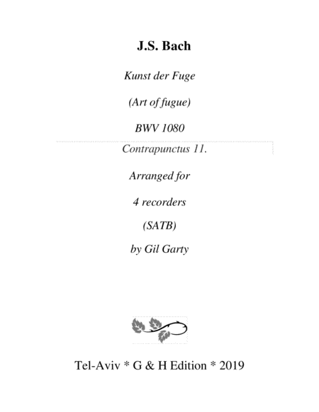 Contrapunctus 11 From Art Of Fugue Bwv 1080 Arrangement For Recorders Sheet Music