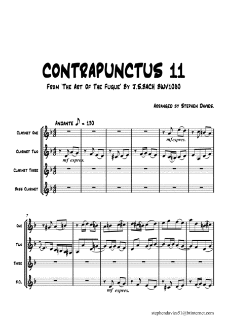 Contrapunctus 2 From The Art Of Fugue By Js Bach Bwv1080 For Clarinet Quartet Sheet Music