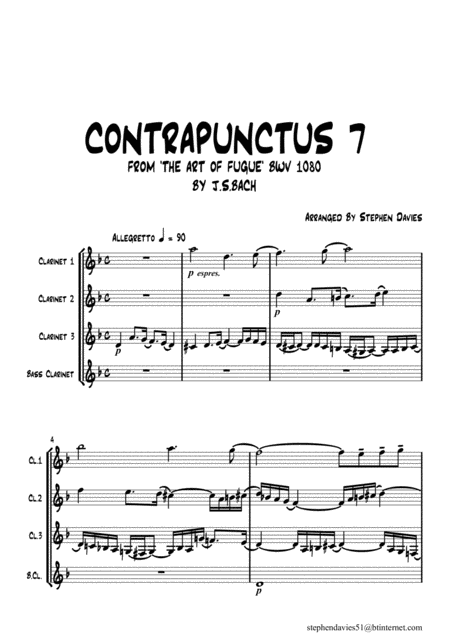 Contrapunctus 7 By Js Bach Bwv 1080 From The Art Of The Fugue For Clarinet Quartet Sheet Music