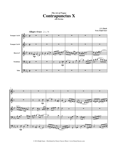 Free Sheet Music Contrapunctus X From The Art Of Fugue For Brass Quintet