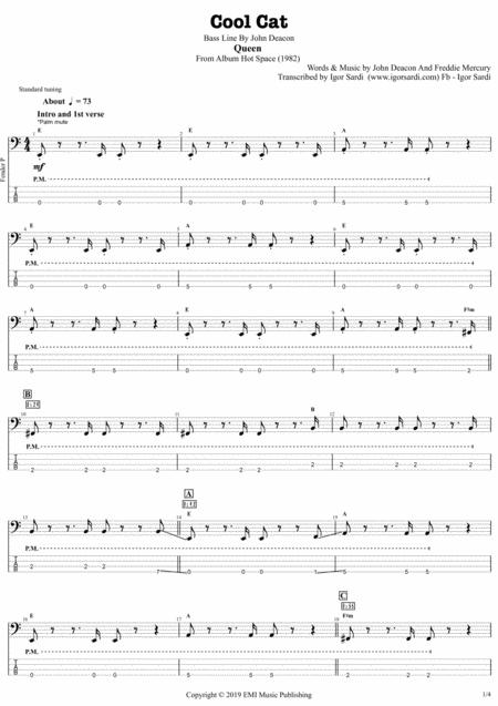 Cool Cat Queen John Deacon Complete And Accurate Bass Transcription Whit Tab Sheet Music